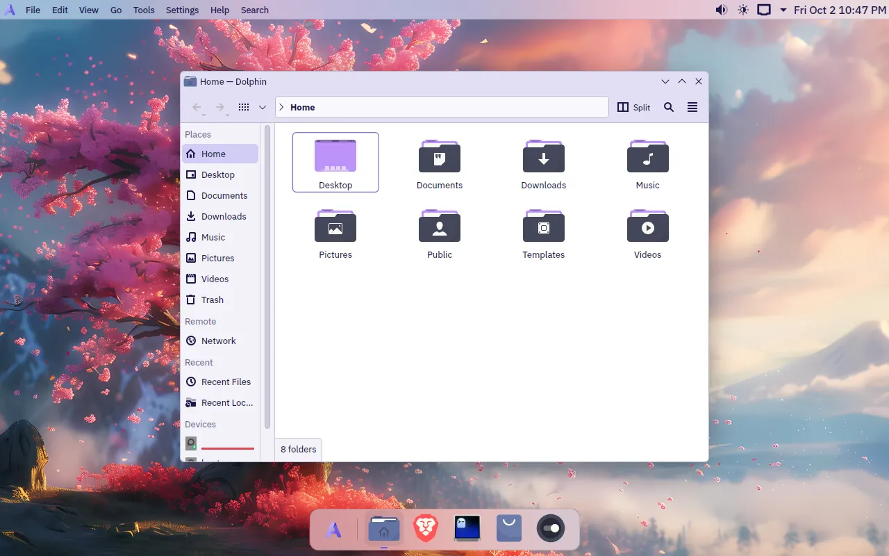 The AtlasOS desktop: a menu bar along the top, a floating dock at the bottom, and the Dolphin file manager open over a sakura wallpaper.