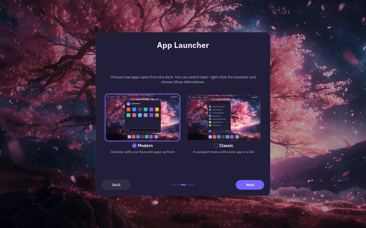 The first-run setup's App Launcher page in Dark, choosing between Modern and Classic, over the night sakura wallpaper.