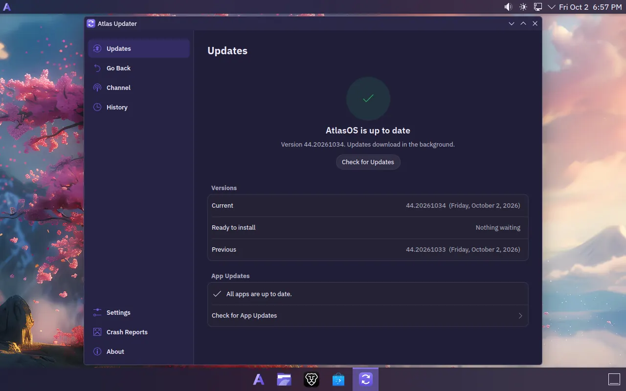 Atlas Updater in the dark theme, showing AtlasOS is up to date, with the current, ready and previous versions listed.